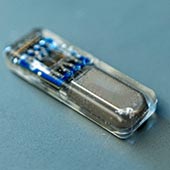 A close-up of a device that integrates engineered drug-producing cells with oxygen-producing bioelectronics.