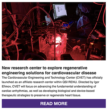 A image of the QSI RENU June newsletter, displaying the top item about the launch of a new research center exploring regenerative engineering solutions for cardiovascular disease