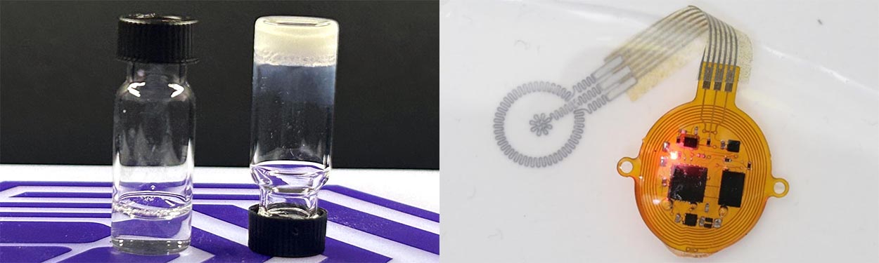 A side-by-side image of a regenerative hydrogel and a bioelectronic device designed to monitor wound conditions
